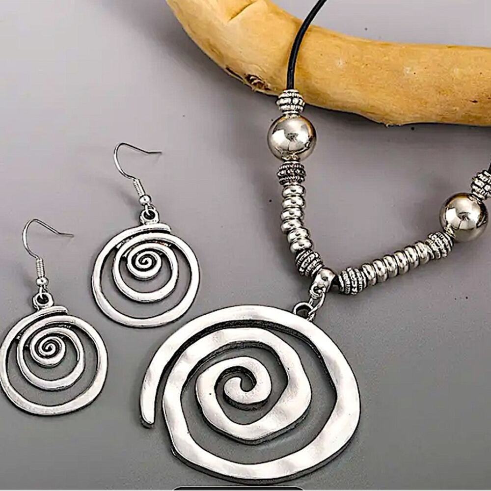 Boho Geometric Spiral Necklace Earrings Set